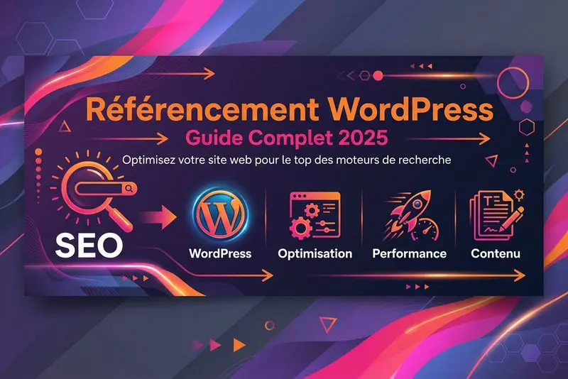 Illustration colorée présentant un guide complet 2025 sur le WordPress référencement, avec des icônes de SEO, optimisation, performance et contenu, visant à améliorer la visibilité des sites web sur les moteurs de recherche.