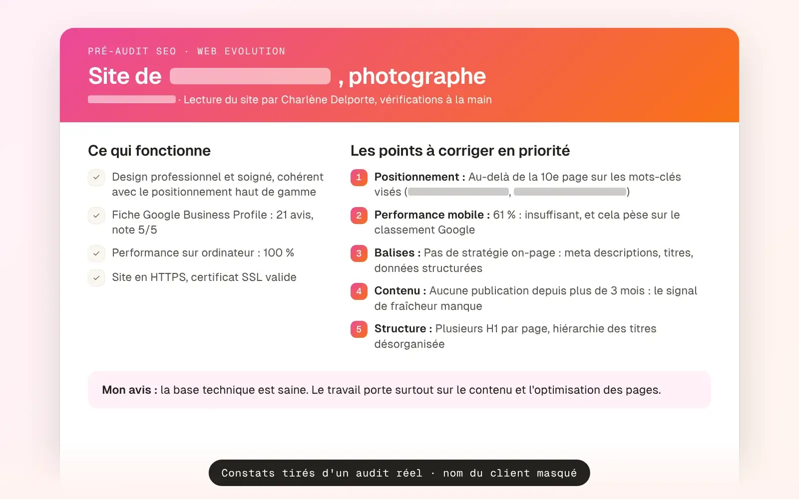 Audit SEO gratuit : exemple de pré-audit rédigé à la main, avec les points à corriger