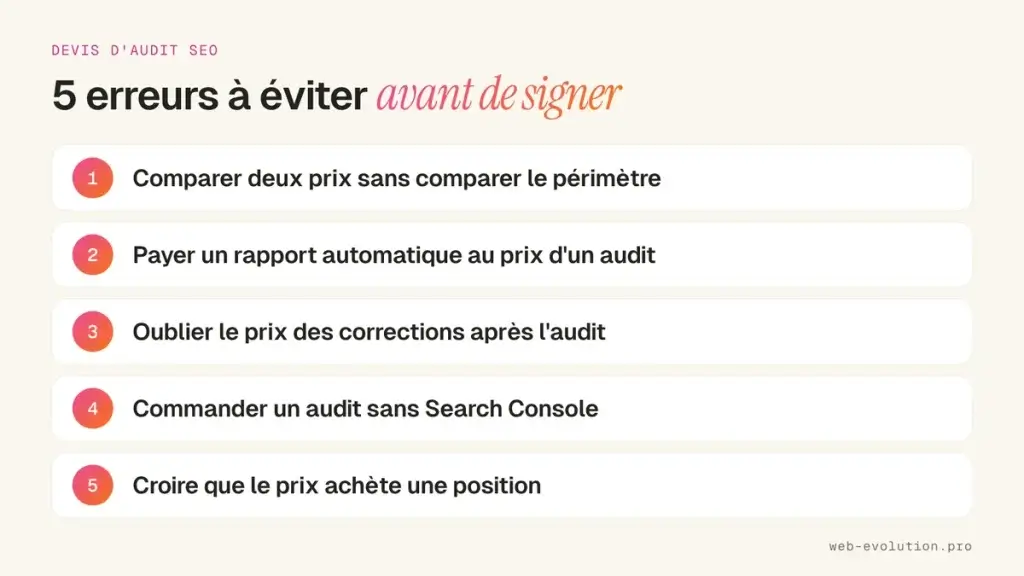 Les 5 erreurs à éviter avant de signer un devis : prix audit SEO et périmètre